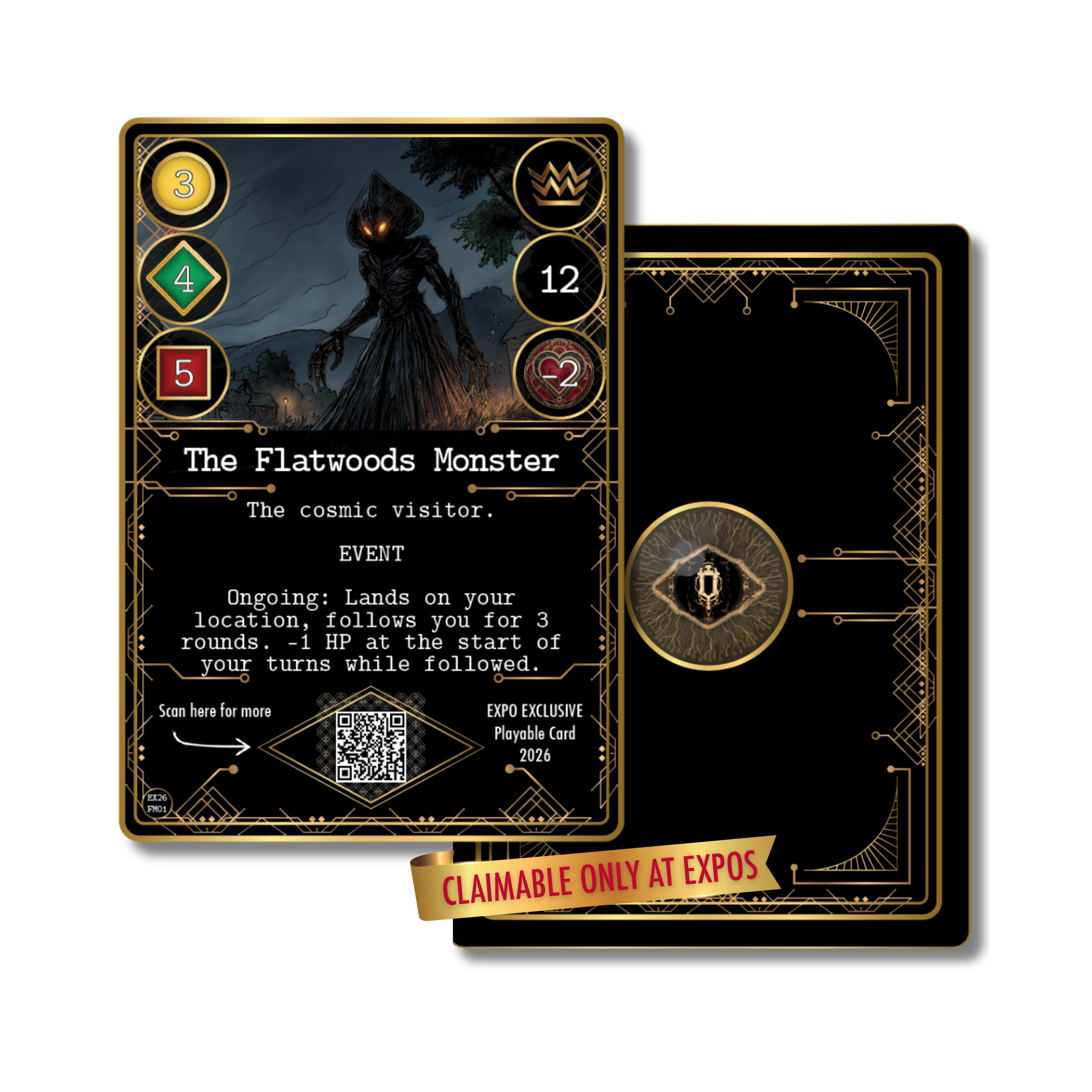 Front and back view of The Flatwoods Monster expo exclusive playable promo card for Kryptothera.
