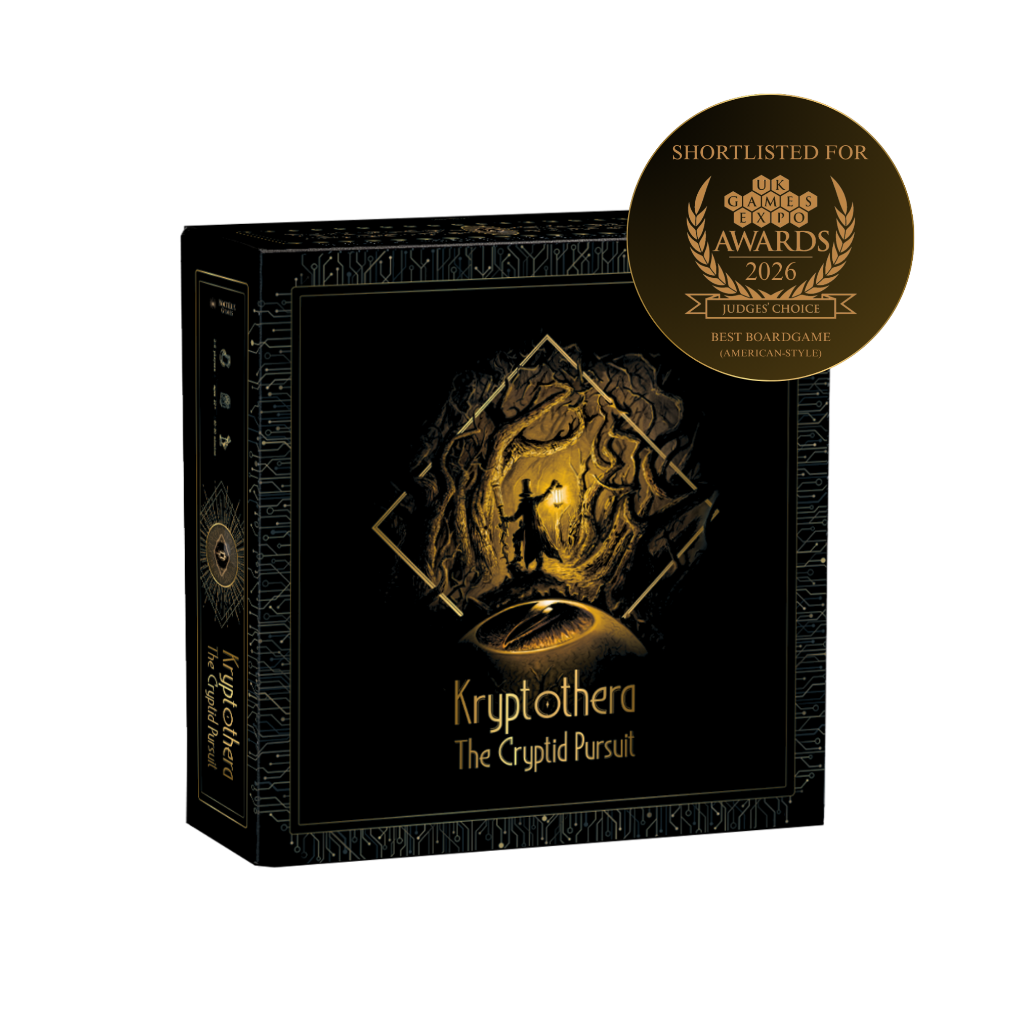 Board game box for 'Kryptothera: The Cryptid Pursuit' with a silhouette design and UK Games Awards 2026 badge.