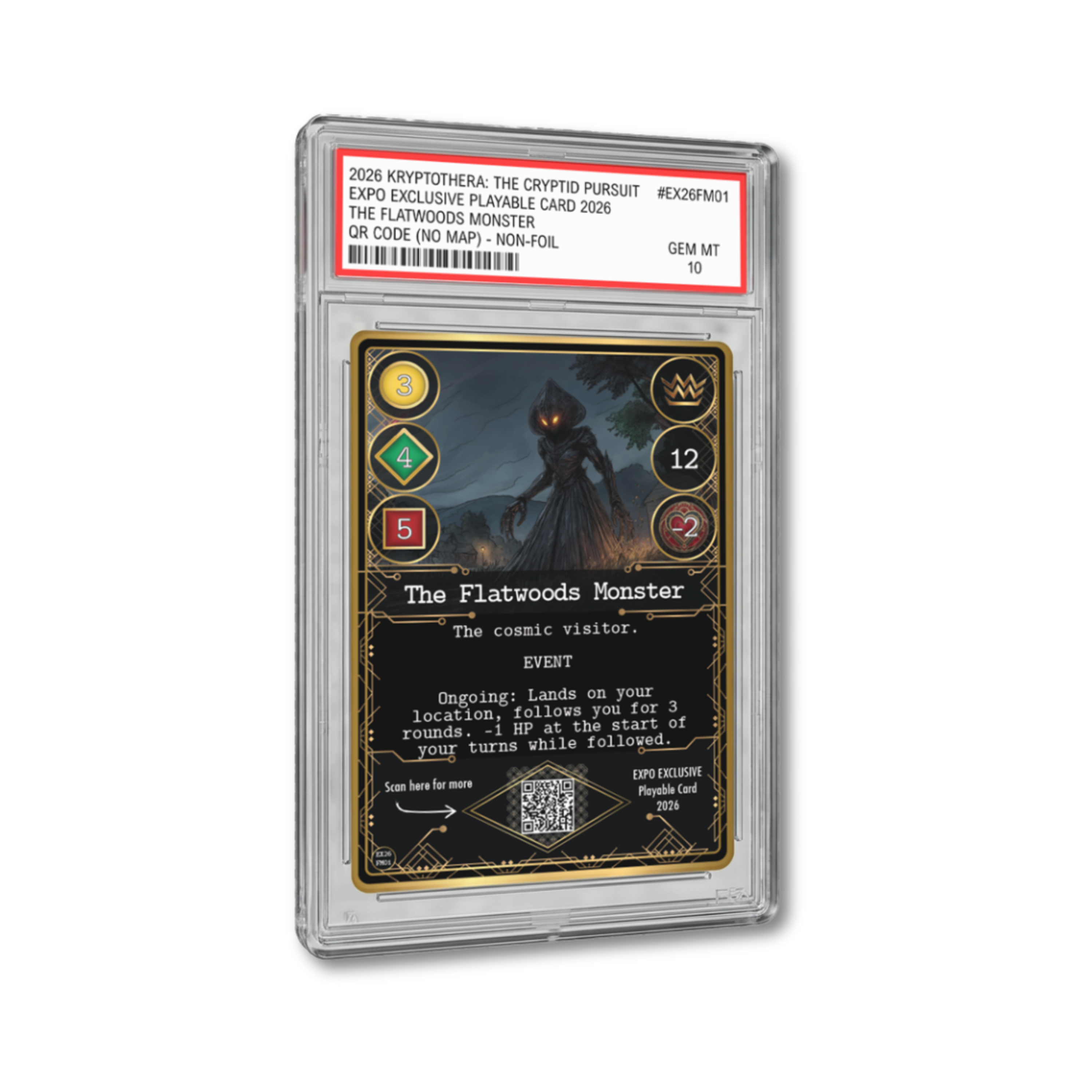 The Flatwoods Monster expo exclusive playable Kryptothera promo card shown in collector-style slab presentation.