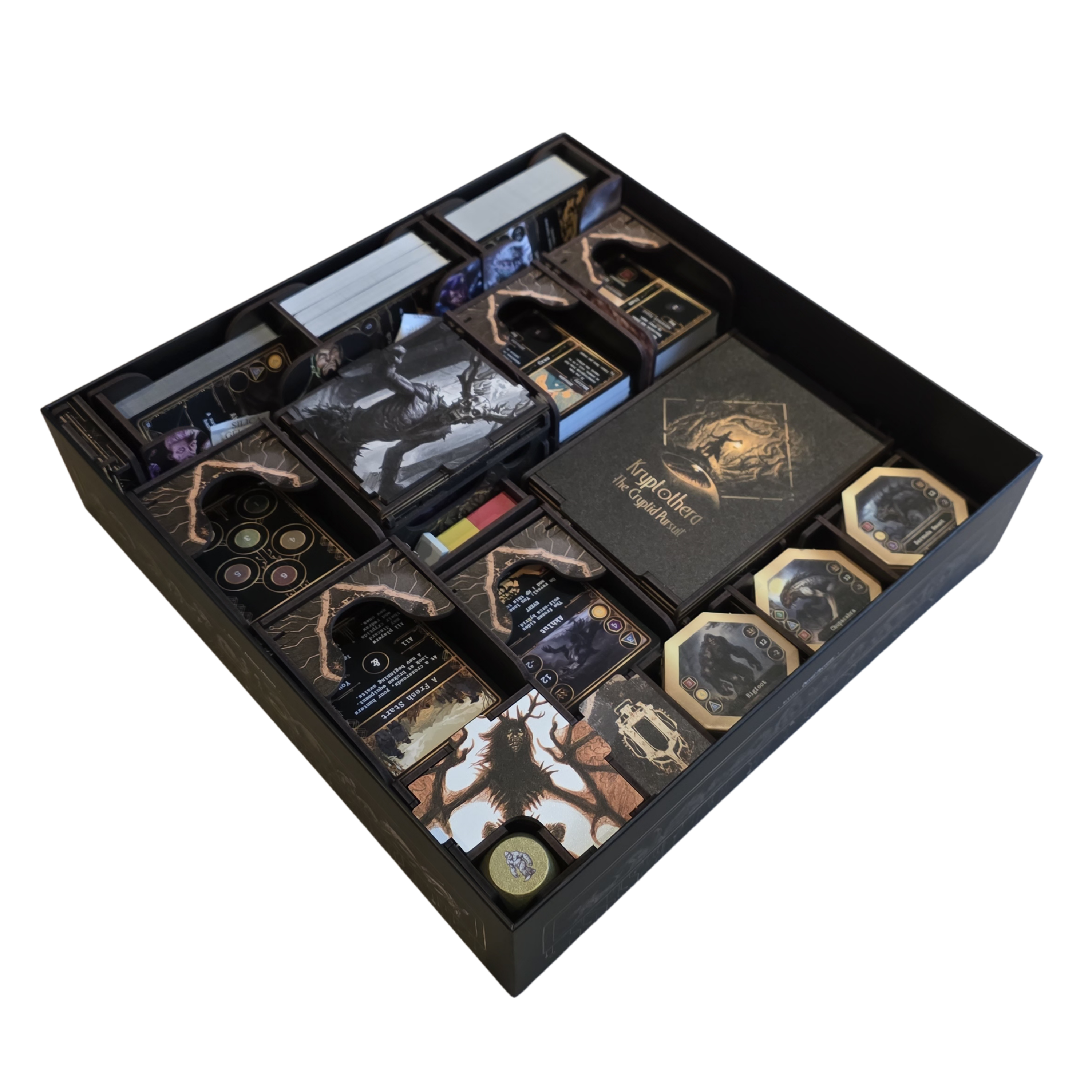 Kryptothera Custom Inlay fitted inside the base game box which measures 33 x 33 x 7.5 cm. The Inlay is showcased organised with cards, tokens, trays, and components .