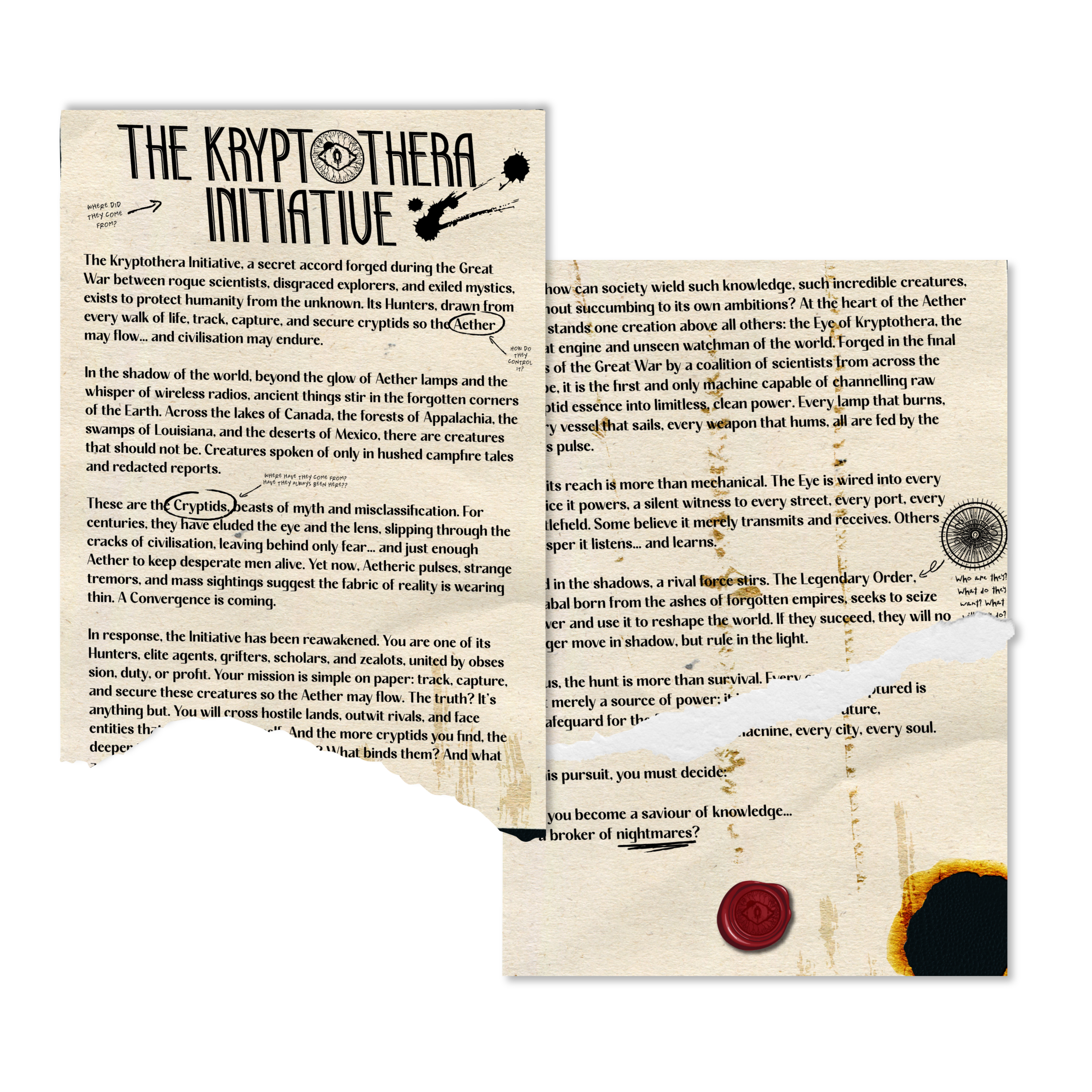 Internal pages of Kryptothera: The Eternal Bestiary showing imagined historical documents