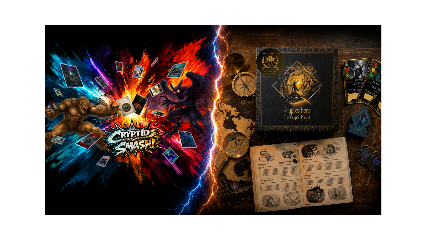 Mash up picture of Cryptid Smash and Kryptothera - The Cryptid Pursuit. Two games by Noctilux Games