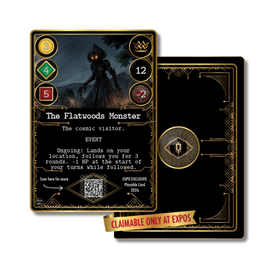 Front and back view of The Flatwoods Monster expo exclusive playable promo card for Kryptothera.