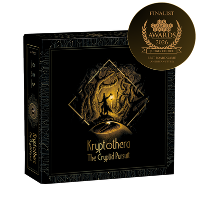 Board game box for 'Kryptothera: The Cryptid Pursuit' with a silhouette design and UK Games Awards 2026 badge.