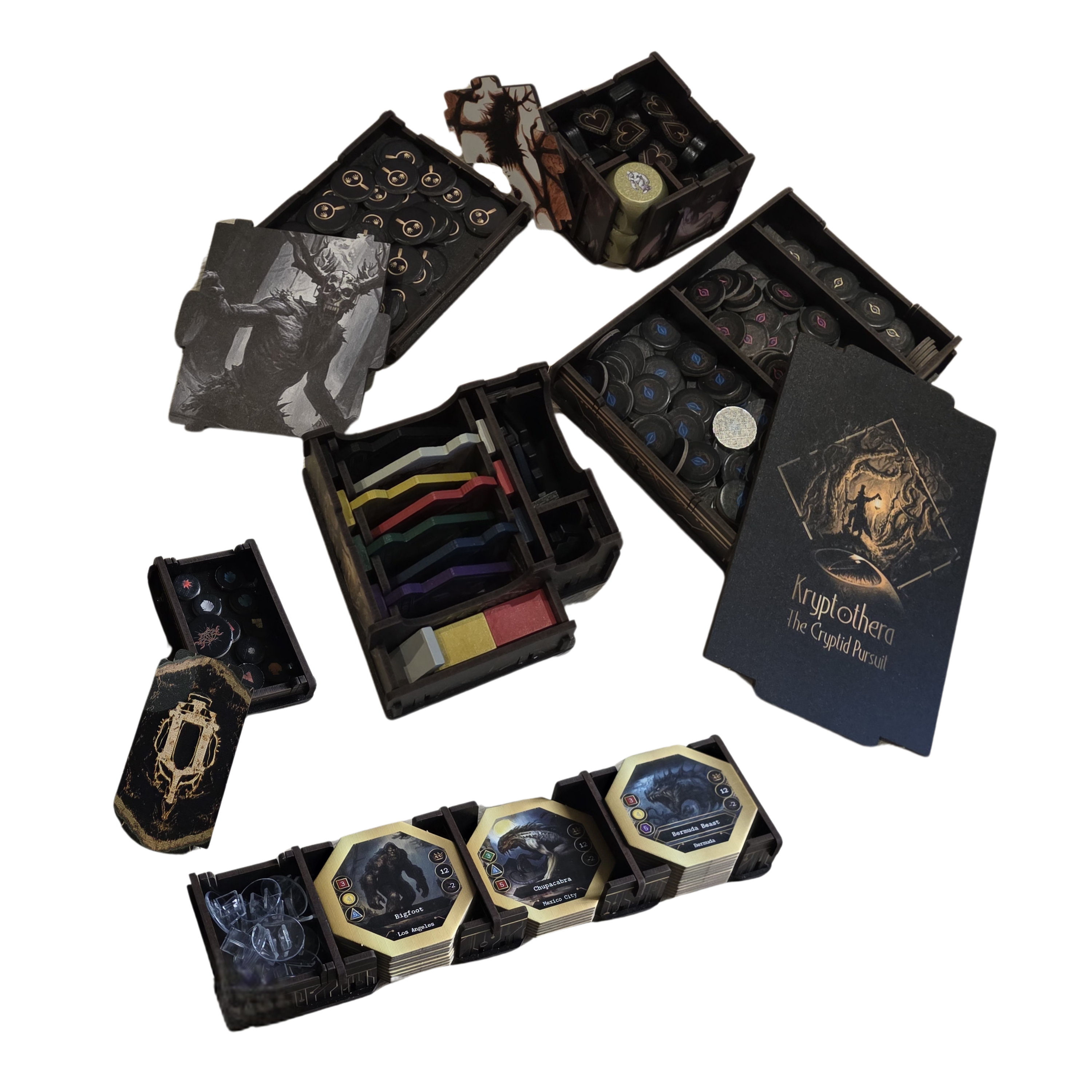 Kryptothera Custom Inlay showing practical storage trays for Kryptothera cards, tokens, markers, standees, and game components