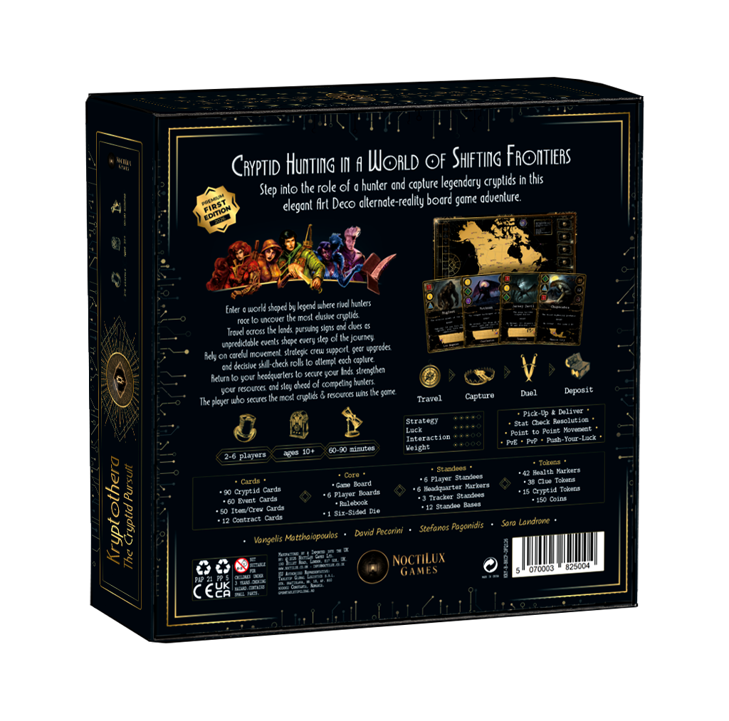 Back of Kryptothera The Cryptid Pursuit board game box showing gameplay details and components