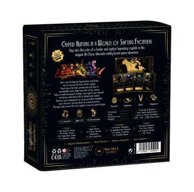 Back of Kryptothera The Cryptid Pursuit board game box showing gameplay details and components