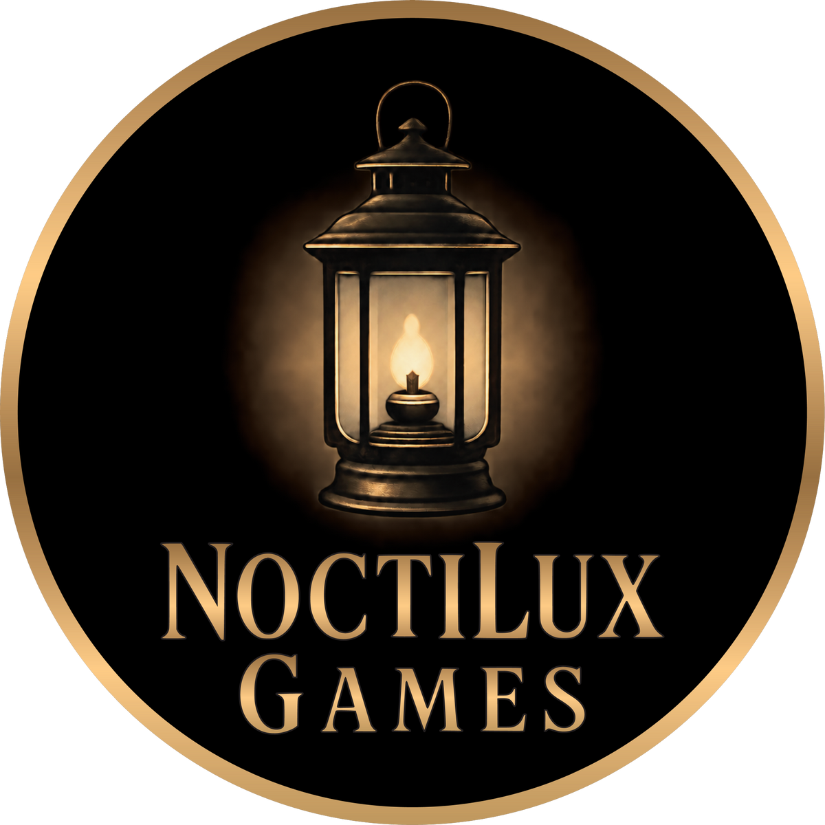The official Logo of NoctiLux Games. It is made out of a circular black graphic featuring a glowing lantern at the top center and the text 'NoctiLux Games' in metallic gold below, framed by a gold circular border.