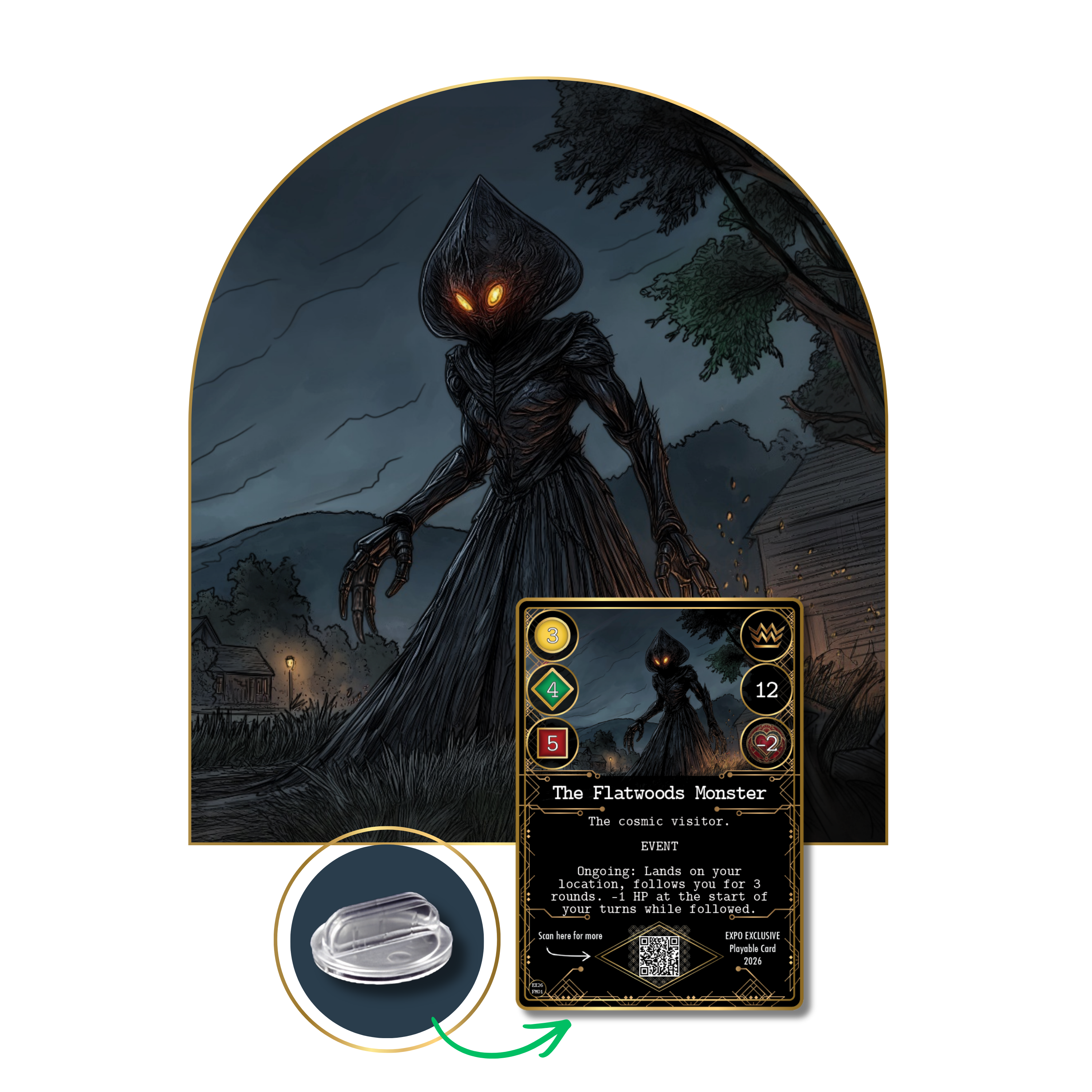 The Flatwoods Monster artwork and playable Kryptothera promo card with promotional card visual.