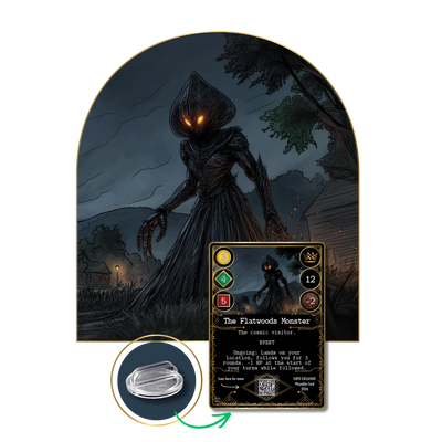 The Flatwoods Monster artwork and playable Kryptothera promo card with promotional card visual.
