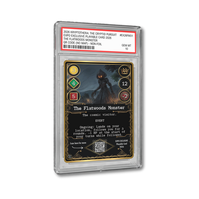 The Flatwoods Monster expo exclusive playable Kryptothera promo card shown in collector-style slab presentation.