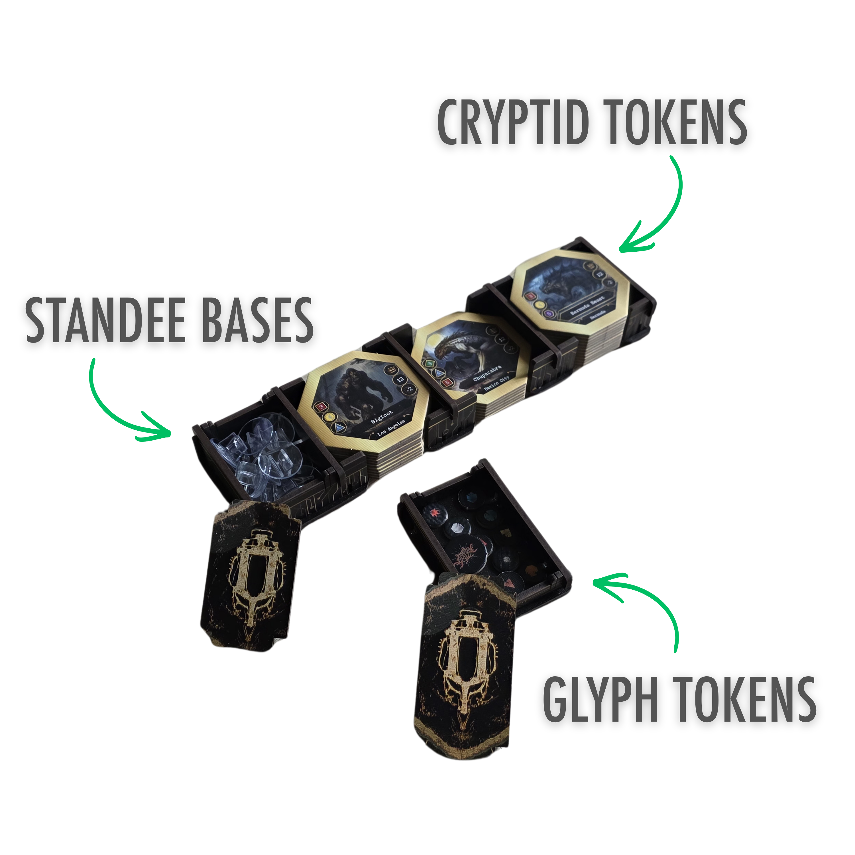 Kryptothera Custom Inlay trays showing organised storage for cryptid tiles, tokens, and small game components