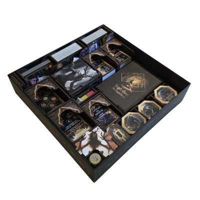 Kryptothera Custom Inlay fitted inside the base game box which measures 33 x 33 x 7.5 cm. The Inlay is showcased organised with cards, tokens, trays, and components .