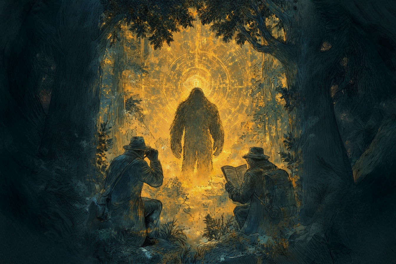 Two hunters observing a glowing Bigfoot-like cryptid in a forest in the Kryptothera board game artwork