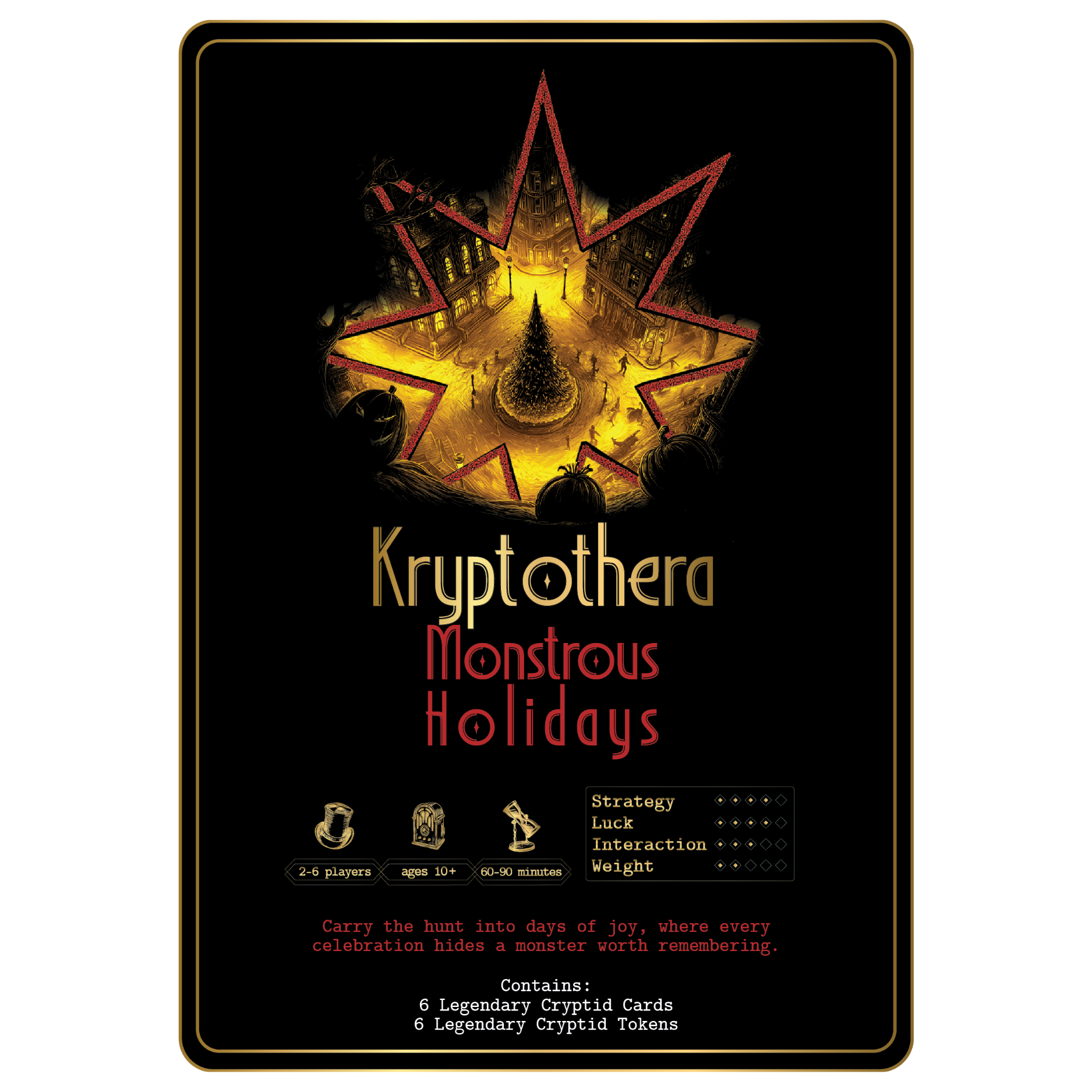 Game information for Kryptothera Monstrous Holidays expansion showing player count, play time, age rating and included legendary cryptid cards and tokens