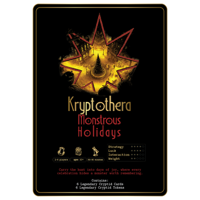 Game information for Kryptothera Monstrous Holidays expansion showing player count, play time, age rating and included legendary cryptid cards and tokens