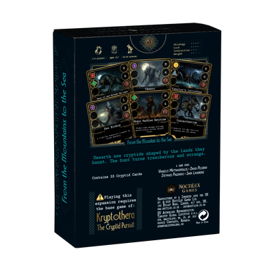 Back of Kryptothera from the mountains to the sea board game expansion box showing gameplay details and components