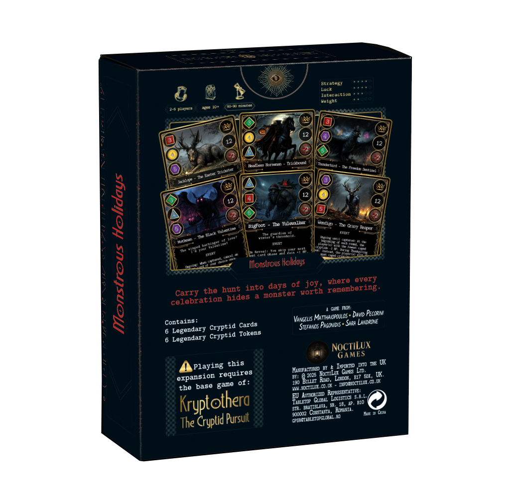 Back of Kryptothera monstrous holidays board game expansion box showing gameplay details and components