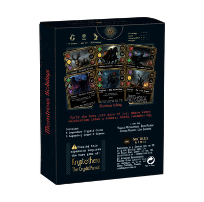 Back of Kryptothera monstrous holidays board game expansion back of box showing gameplay details and components