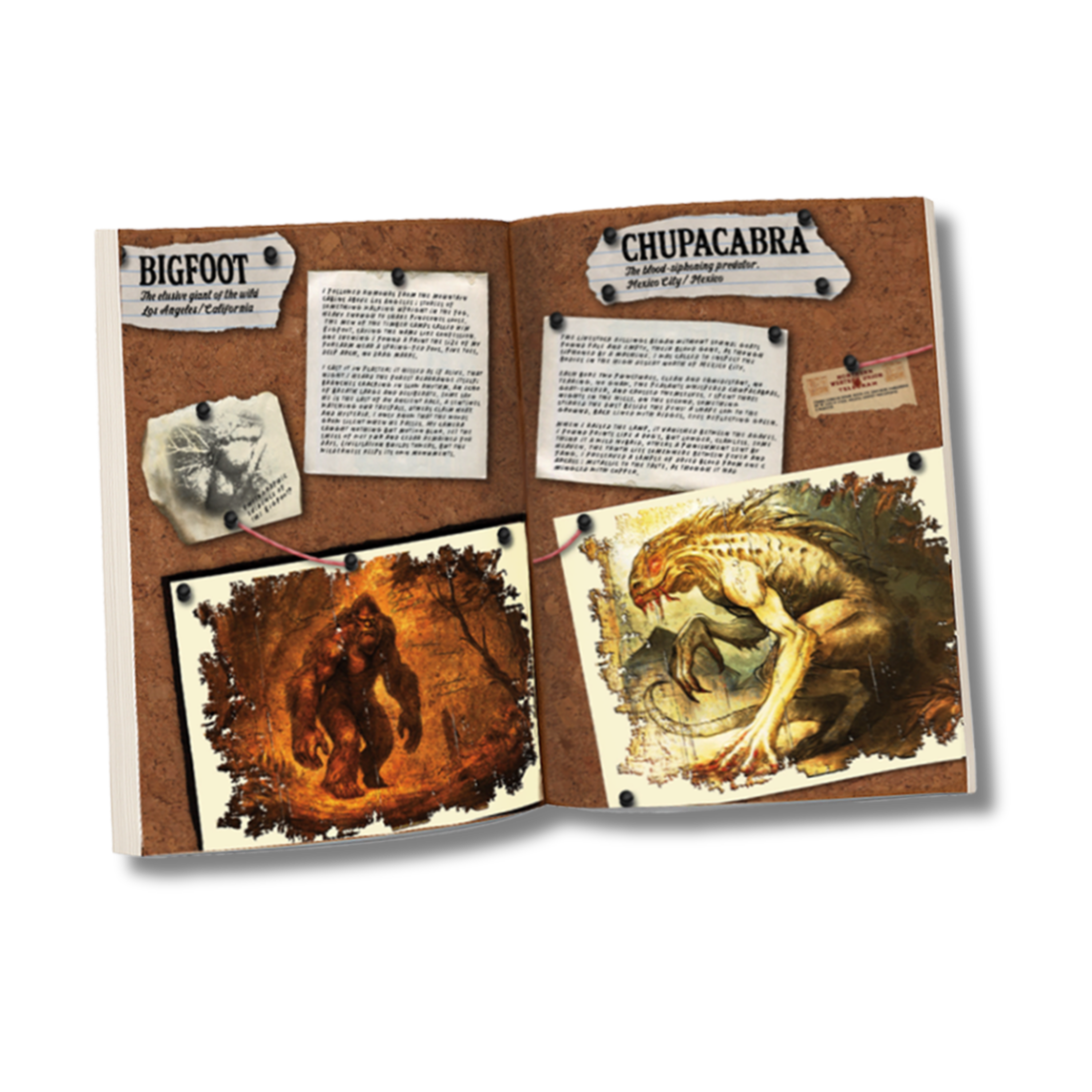 Image of the kryptothera eternal bestiary lore and companion book showing internal pages of bigfoot and chupacabra
