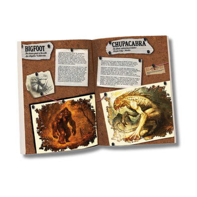 Image of the kryptothera eternal bestiary lore and companion book showing internal pages of bigfoot and chupacabra