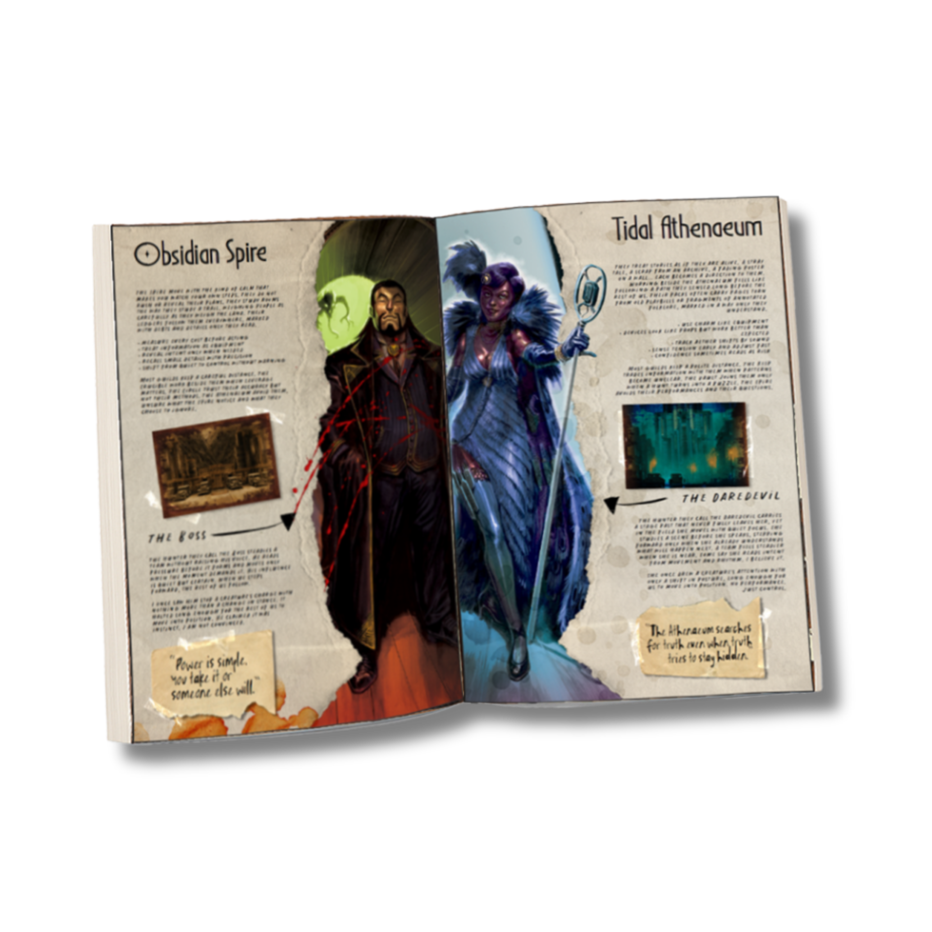 Image of the kryptothera eternal bestiary lore and companion book showing internal pages of the black and the blue playable character