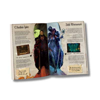 Image of the kryptothera eternal bestiary lore and companion book showing internal pages of the black and the blue playable character