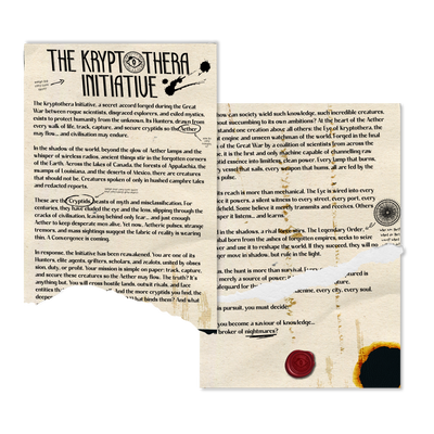 Internal pages of Kryptothera: The Eternal Bestiary showing imagined historical documents