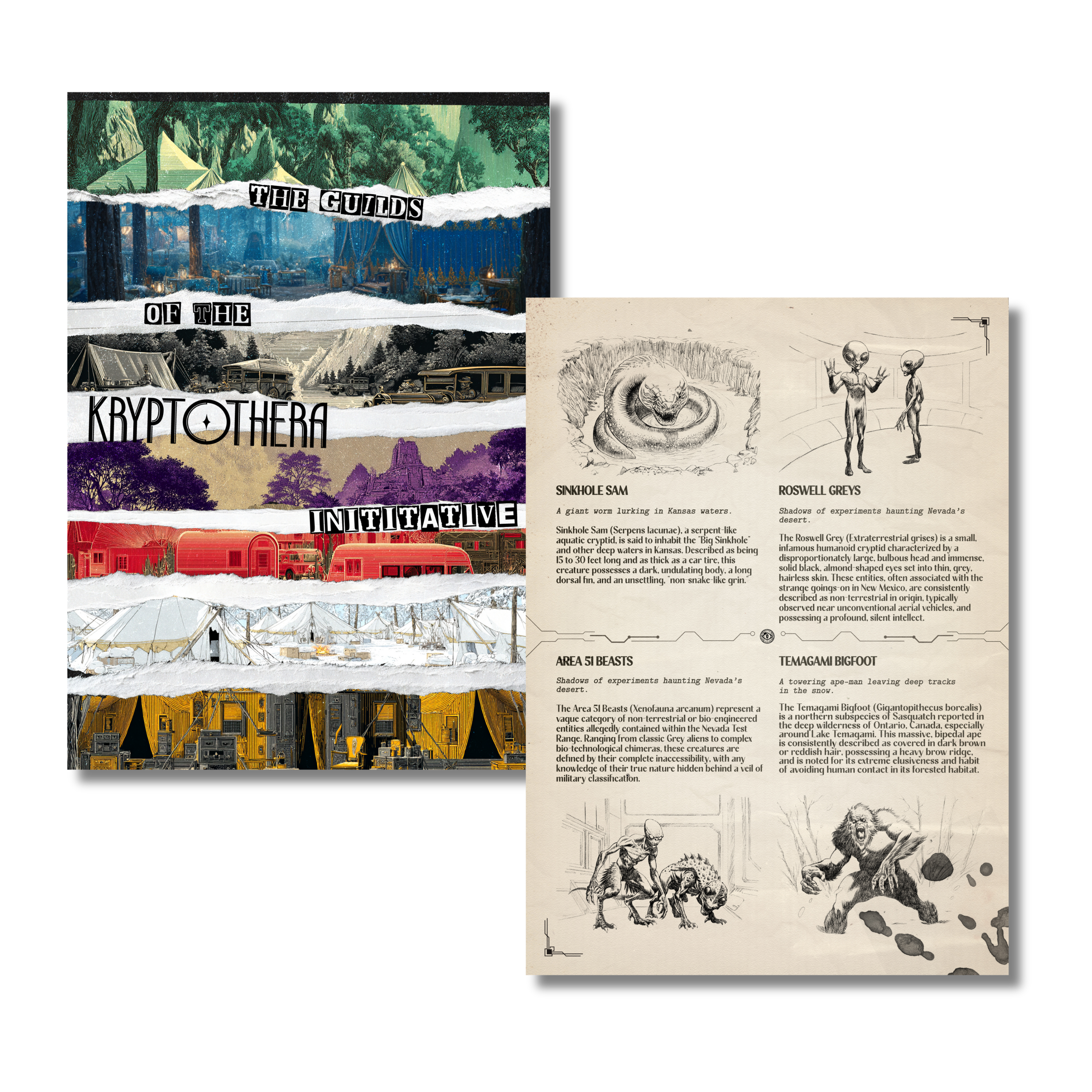 Internal pages of Kryptothera: The Eternal Bestiary showing hunter’s log notes on cryptids