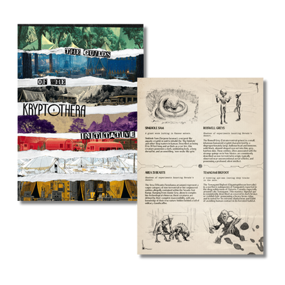 Internal pages of Kryptothera: The Eternal Bestiary showing hunter’s log notes on cryptids