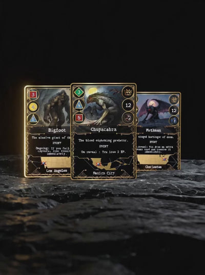 A cinematic teaser trailer for Kryptothera board game cards set against dark, premium backdrops. First, a camera glides over a surface with vertical cards for Bigfoot, Chupacabra, and Mothman illuminated by a warm golden rim-light. Next, landscape-oriented cards for Aetherborn Pistol and Legendary Hunter slide across a marble floor under a cool white spotlight. Finally, cards for Last Train Out, Bigfoot, Mothman and Doomsday float and rotate in a dark void.