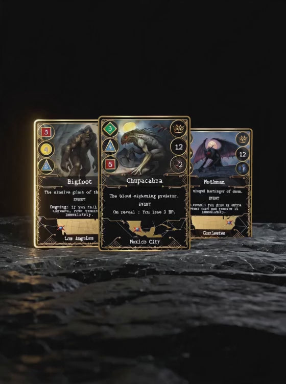 A cinematic teaser trailer for Kryptothera board game cards set against dark, premium backdrops. First, a camera glides over a surface with vertical cards for Bigfoot, Chupacabra, and Mothman illuminated by a warm golden rim-light. Next, landscape-oriented cards for Aetherborn Pistol and Legendary Hunter slide across a marble floor under a cool white spotlight. Finally, cards for Last Train Out, Bigfoot, Mothman and Doomsday float and rotate in a dark void.